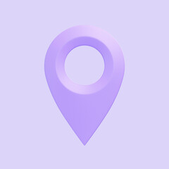 Purple map pointer icon isolated on purple background. 3D icon, sign and symbol. Cartoon minimal style. Front view. 3D Render Illustration
