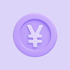 Obraz premium Purple coin with yen sign isolated on purple background. 3D icon, sign and symbol. Cartoon minimal style. Front view. 3D Render Illustration