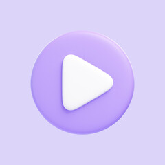 Purple round play button isolated on purple background. 3D icon, sign and symbol. Cartoon minimal style. Front view. 3D Render Illustration