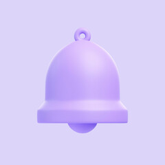 Purple bell icon isolated on purple background. 3D icon, sign and symbol. Cartoon minimal style. Front view. 3D Render Illustration