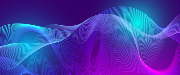 Blue and purple violet vector glowing technology wavy lines banner with technology style. Minimalist modern wavy concept for banner, flyer, card, or brochure cover