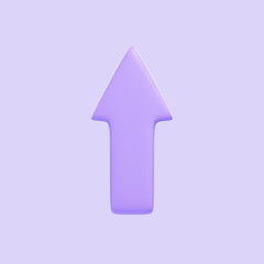 Purple up arrow isolated on purple background. 3D icon, sign and symbol. Cartoon minimal style. Front view. 3D Render Illustration