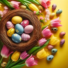 Fototapeta na wymiar This is a colorful image of a bird's nest filled with Easter eggs and surrounded by tulips on a yellow background. Easter holiday concept.