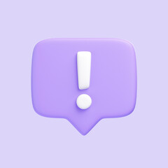 Purple danger attention bell or emergency notifications alert isolated on purple background. 3D icon, sign and symbol. Cartoon minimal style. Front view. 3D Render Illustration
