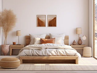 Fototapeta premium Boho, french country style interior design of modern bedroom