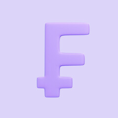 Purple franc sign isolated on purple background. 3D icon, sign and symbol. Cartoon minimal style. Front view. 3D Render Illustration