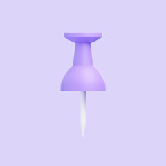 Purple drawing pin isolated on purple background. 3D icon, sign and symbol. Cartoon minimal style. Front view. 3D Render Illustration