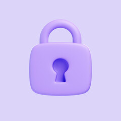 Purple Locked padlock isolated on purple background. 3D icon, sign and symbol. Cartoon minimal style. Front view. 3D Render Illustration
