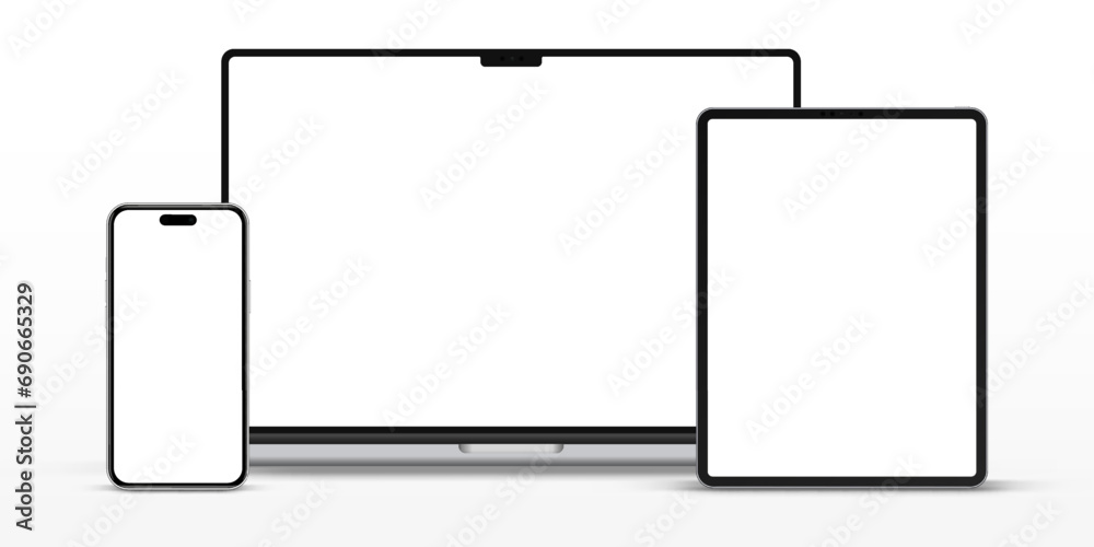 Wall mural modern laptop mockup front view and high quality smartphone and tablet mockup isolated on white back
