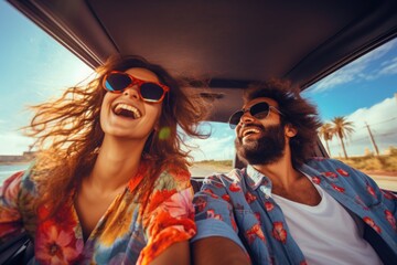happy love couple travel in car