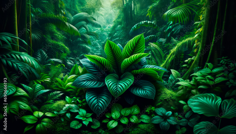 Poster lush jungle undergrowth with a variety of green leaves and soft ambient light. generative ai