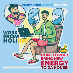 Illustration of a person using teleconference inside a private plane while getting ready for a vacation.