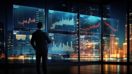 Big Data Technology for Business Finance Analytic Concept. Modern graphic interface shows massive information of business sale report, profit chart and stock market trends analysis. Generative AI