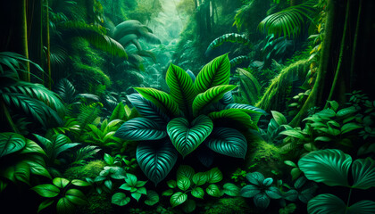 Lush jungle undergrowth with a variety of green leaves and soft ambient light. Generative AI
