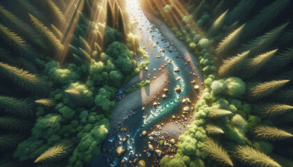 Fantasy landscape with a river and forest. Generative AI