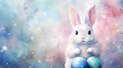 Magic pastel water color painted tender easter shimmering background with a little white bunny with paws and two painted eggs