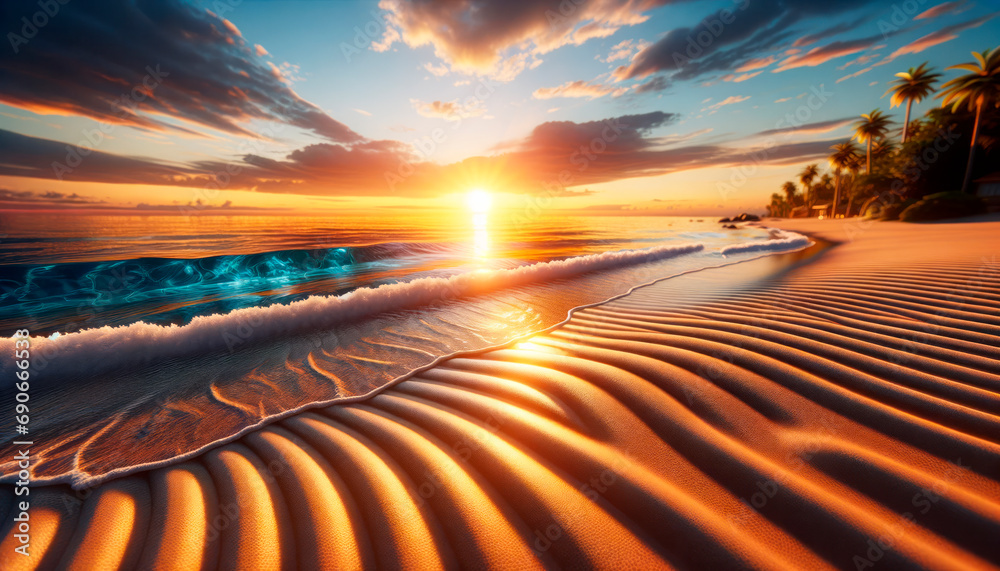 Poster radiant sunrise illuminating a pristine beach with rhythmic waves and smooth sand. serenity concept.
