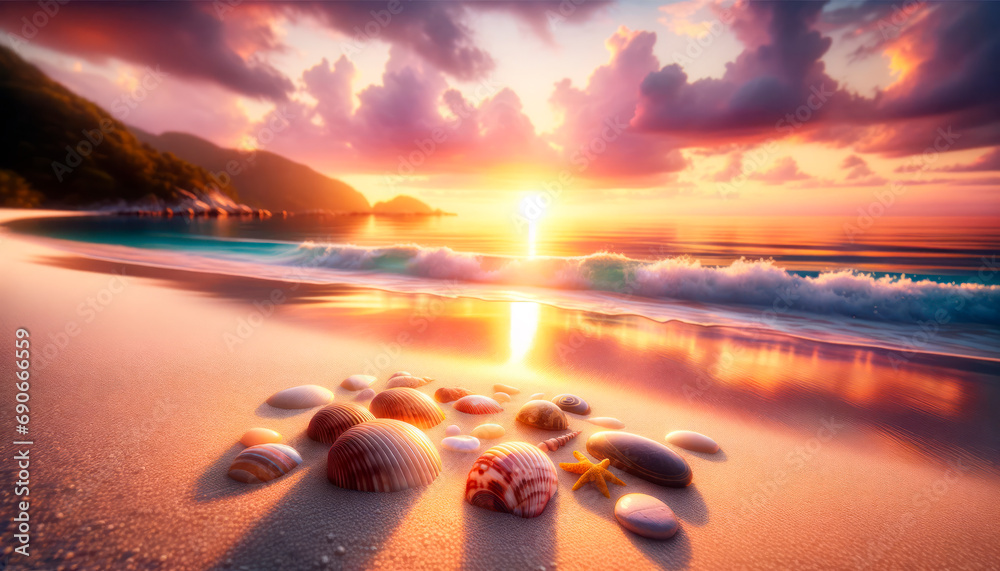 Poster sunset over a calm sea with a shoreline adorned by colorful shells, evoking tranquility and natural 