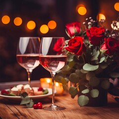 Romantic Dinner. Bouquet of flowers lying on the table, selective focus on bunch of roses, two glasses of red wine on the wooden desk. Date concept, blurred background, banner. Made with generative ai