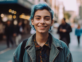 Stylish young beautiful non-binary person with blue hairstyle on street.Macro.AI Generative.
