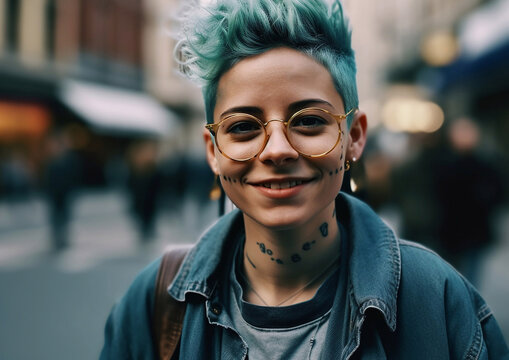 Stylish young beautiful non-binary person with blue hairstyle on street.Macro.AI Generative.