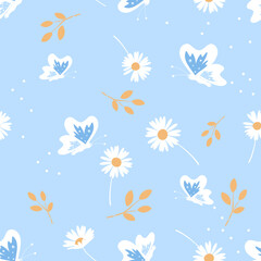 Fototapeta na wymiar Seamless pattern with daisy flower, branch and butterfly on blue background vector. 