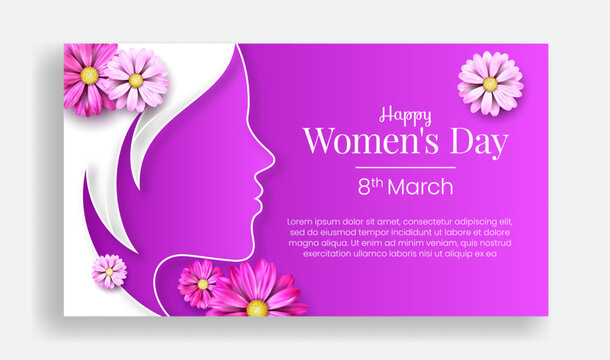 International Women's Day horizontal editable banner template for website, 8 march womens face silhouette with realistic flower female face 3d illustration for happy mothers day design