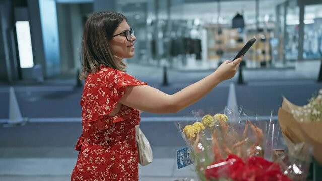 Smiling, confident hispanic woman snapping beautiful pictures of colourful flowers at bustling city shopping center