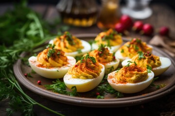 Hot and Spicy Homemade Deviled Eggs on a Plate, Garnished with Paprika, Yolk and Parsley - Delicious Egg Snack - obrazy, fototapety, plakaty