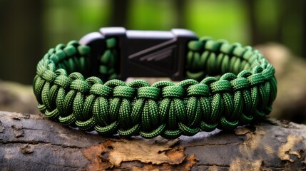 Green Braided Paracord Bracelet for Survival and Camping: Multifunctional Accessory with Strong Cord Braid - obrazy, fototapety, plakaty