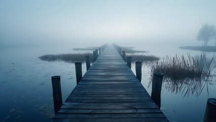 Fototapeta premium The wooden bridge in the lake in spring with a blue lake.