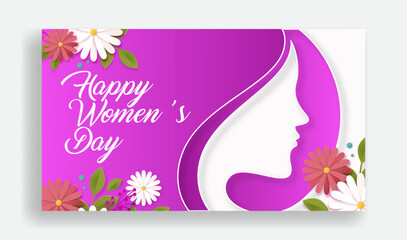 International Women's Day horizontal editable banner template for website, 8 march womens face silhouette with realistic flower female face 3d illustration for happy mothers day design