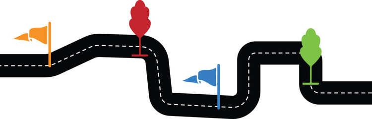 Highway roadmap with pins and Flag. Car road direction, gps route pin road trip navigation and roads business.