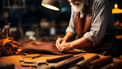 Leather craftsmen make crafts from leather. - obrazy, fototapety, plakaty