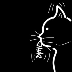 Silhouette portrait cat Turn to  side and catch a fish. illustration design