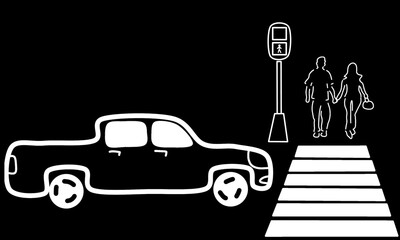 Silhouette of a pickup truck stopping for a woman and a man to cross at a zebra crossing.
