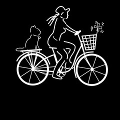 Silhouette of a woman riding a bicycle with a cat sitting on the back.