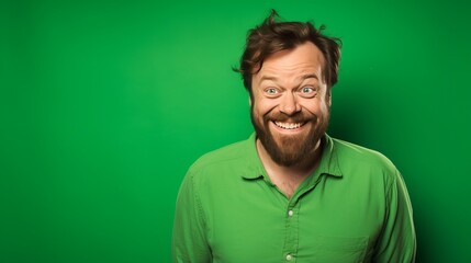 Obraz premium Man smiling on green background.