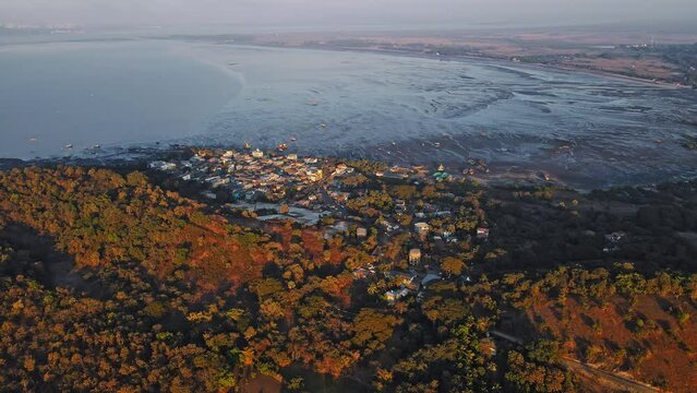 An eagle-eye view of the village surrounded by palm or coconut trees and fishing boats on the beautiful coast of the Indian Ocean in the village of Mandwa near Alibuag, Maharashtra, India.