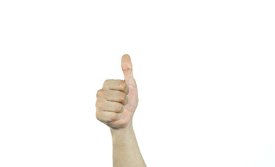 Male hand with a raised thumb on a white background