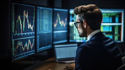 Fototapeta premium Finance trade manager analyzing stock market indicators for best investment strategy, financial data and charts. Generative AI