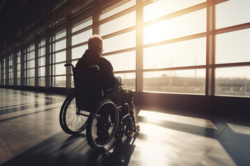 Banner with image of man in wheelchair at airport, special needs travel concept.  - obrazy, fototapety, plakaty