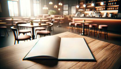Modern cafe with menu mockup on table, contemporary design and soft lighting. Generative AI - obrazy, fototapety, plakaty
