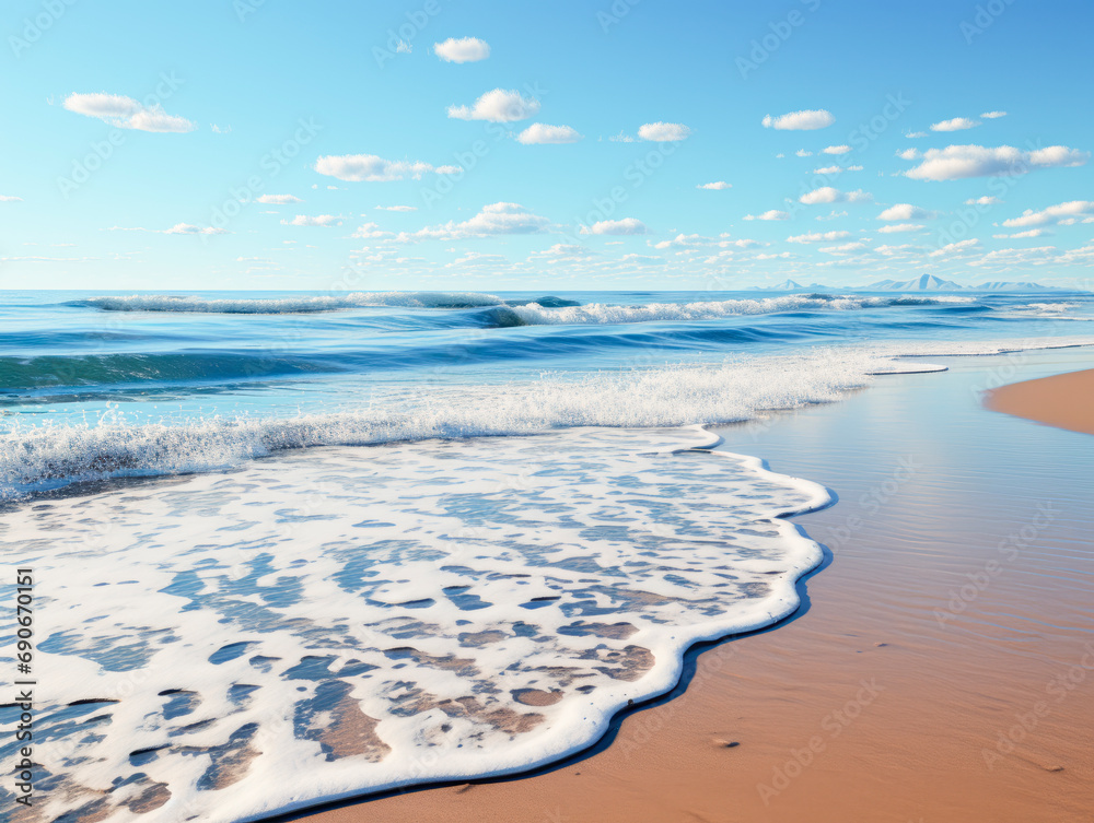 Aufkleber calm beach waves meeting the sandy shore under a sunny sky. refreshment concept. generative ai