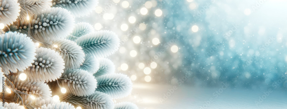 Poster snow-dusted christmas tree branches with twinkling lights on bokeh background. holiday spirit concep