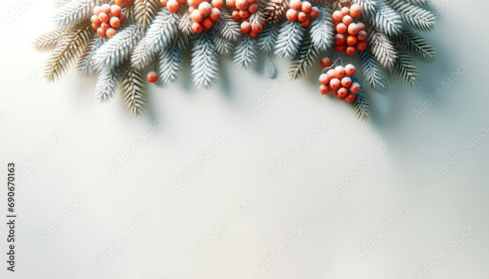 Poster snow covered fir branches with vibrant rowan berries creating a natural holiday border. generative a