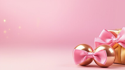 Gifts on pink background with gold ribbon. New Year's gifts or birthday gifts.