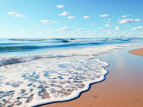Calm beach waves meeting the sandy shore under a sunny sky. Refreshment concept. Generative AI