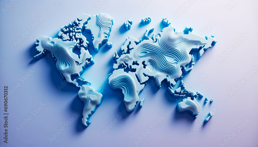 Poster Contoured 3D world map in blue shades against a gradient background. Environmental science representation. Generative AI