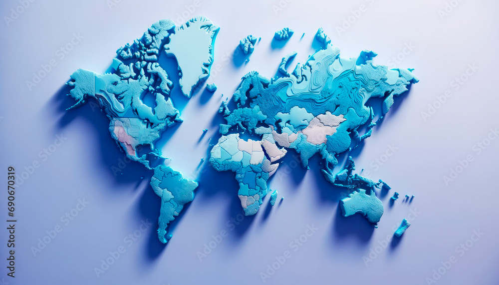 Aufkleber Sculpted 3D world map in white and blue, floating on a gentle gradient. Climatology study visualization. Generative AI